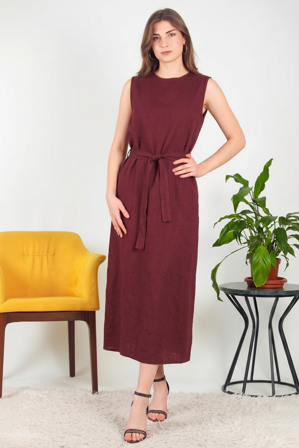 Mouwloze Maxi‑Jurk Met Tailleband, Bordeaux