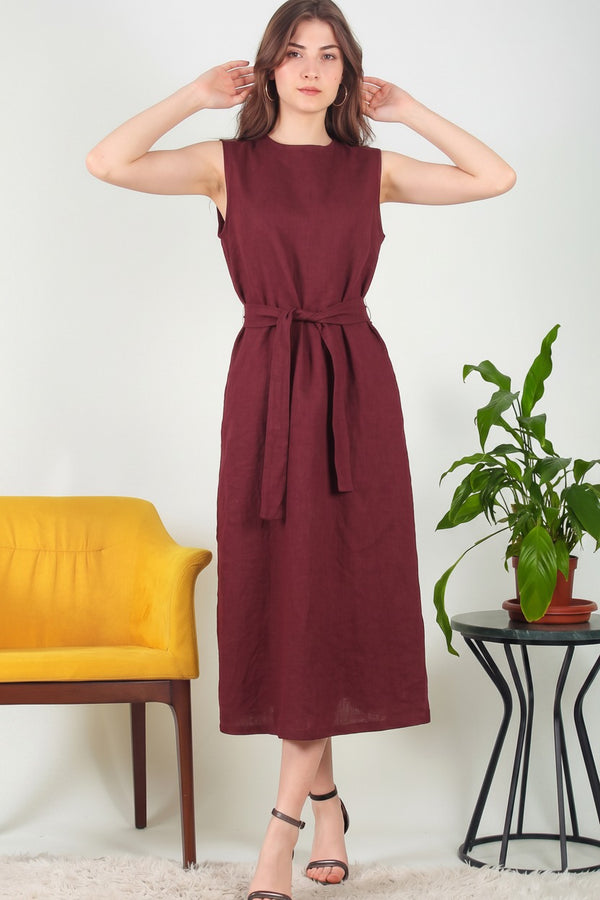Mouwloze Maxi‑Jurk Met Tailleband, Bordeaux