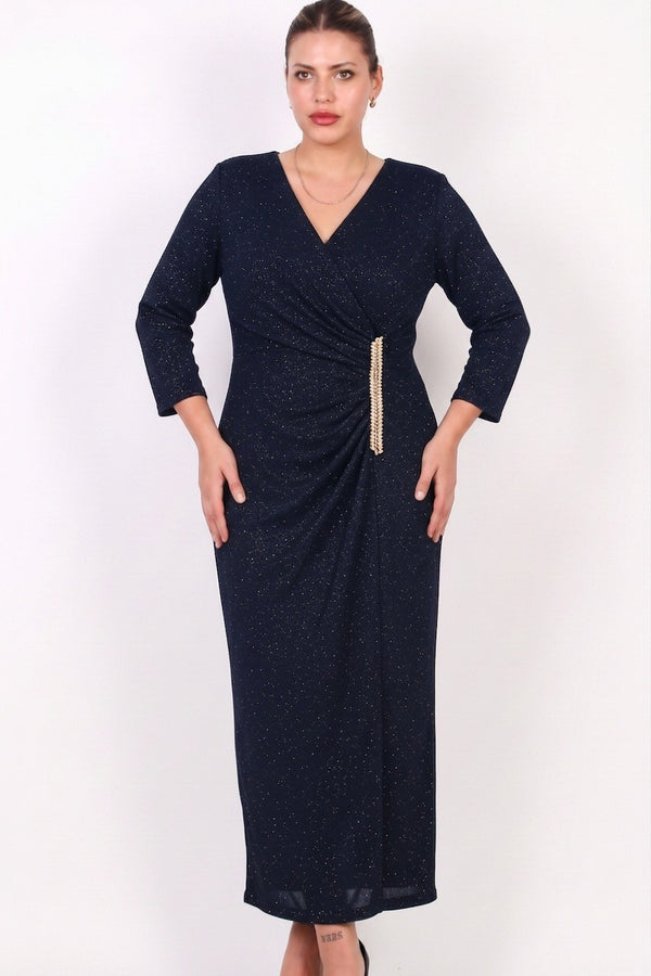 Plus - Size Lange Avondjurk Met Tailleversiering — Blauw