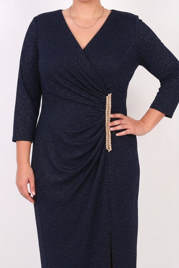 Plus - Size Lange Avondjurk Met Tailleversiering — Blauw