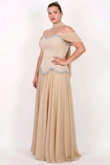 Plus - Size Crystal - Embellished Crepe Evening Dress With Tulle Skirt — Beige