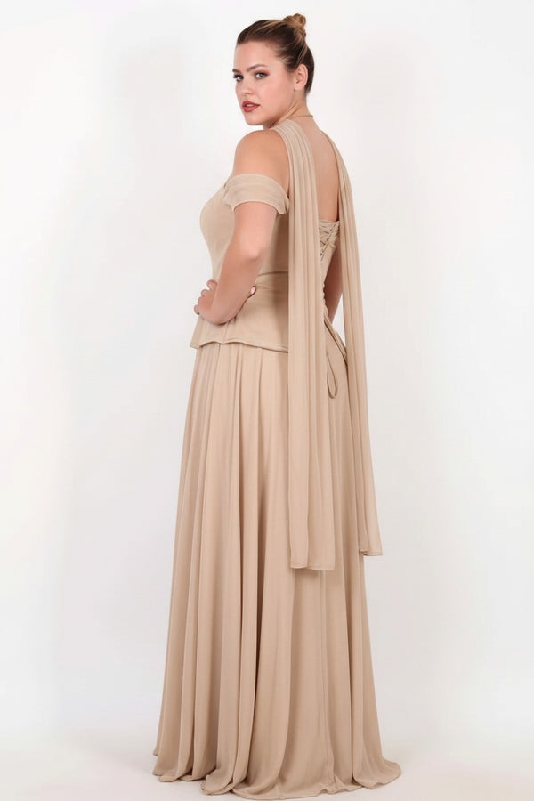 Plus - Size Crystal - Embellished Crepe Evening Dress With Tulle Skirt — Beige