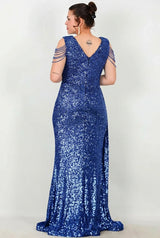 Plus - Size Lange Paillettenjurk Met Schouderketting — Royal Blue