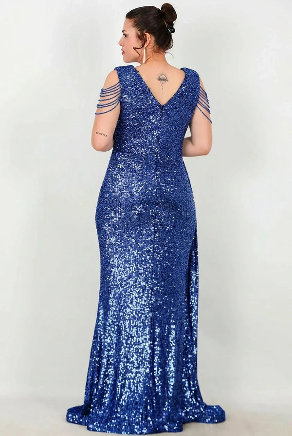 Plus - Size Lange Paillettenjurk Met Schouderketting — Royal Blue
