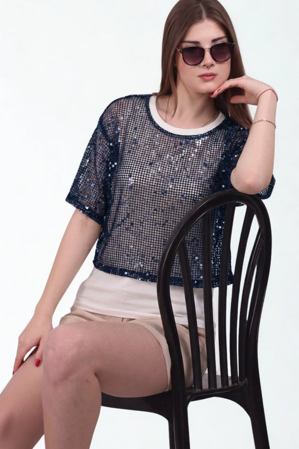 Gelaagd Pailletten - Mesh Top — Navy