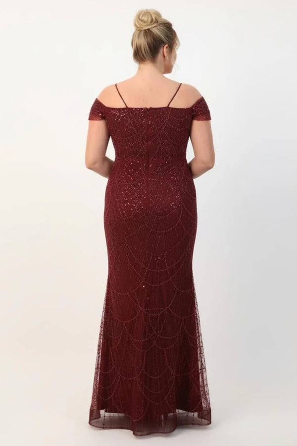 Plus - Size Off - Shoulder Avondjurk Met Kralen — Bordeaux