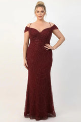 Plus - Size Off - Shoulder Avondjurk Met Kralen — Bordeaux