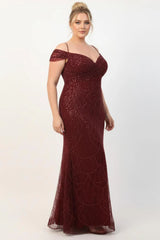 Plus - Size Off - Shoulder Avondjurk Met Kralen — Bordeaux