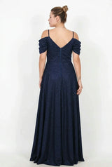 Plus - Size Lage Schouder Simli Lange Avondjurk — Donkerblauw