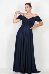 Plus - Size Lage Schouder Simli Lange Avondjurk — Donkerblauw
