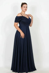 Plus - Size Lage Schouder Simli Lange Avondjurk — Donkerblauw