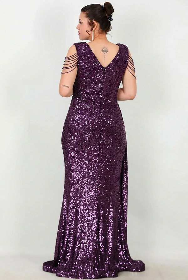 Plus - Size Lange Paillettenavondjurk Met Schouderketting — Paars