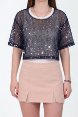 Gelaagd Pailletten - Mesh Top — Navy