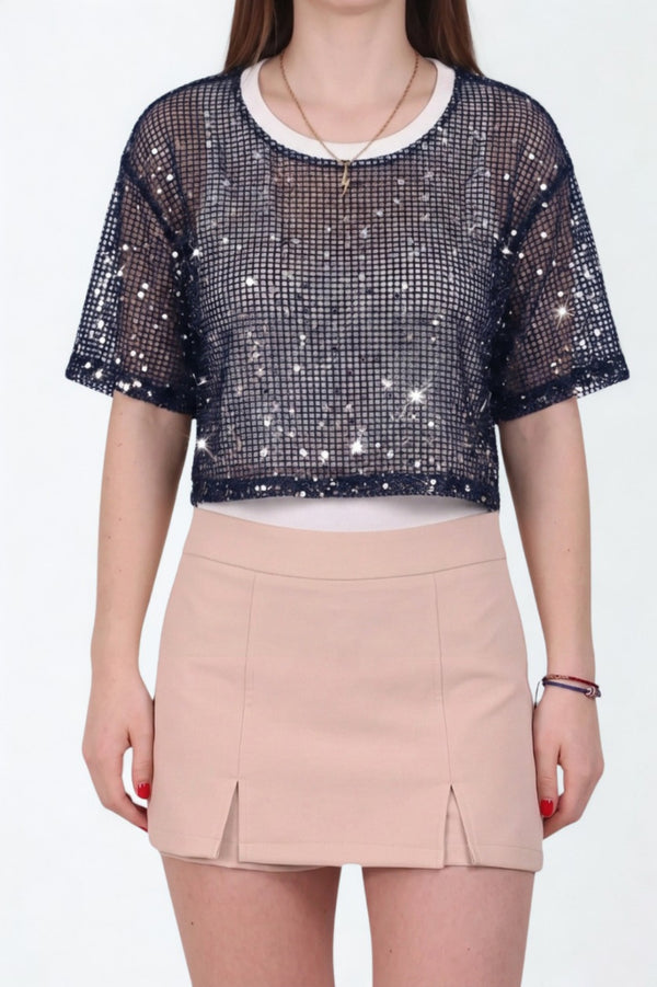 Gelaagd Pailletten - Mesh Top — Navy