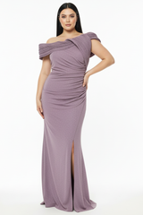 Lila Plus - Size Lange Jurk Met Plissé‑Hals En Split