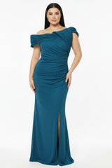 Langes Abendkleid In Großen Größen Mit Plissee‑Ausschnitt Und Schlitz – Blau