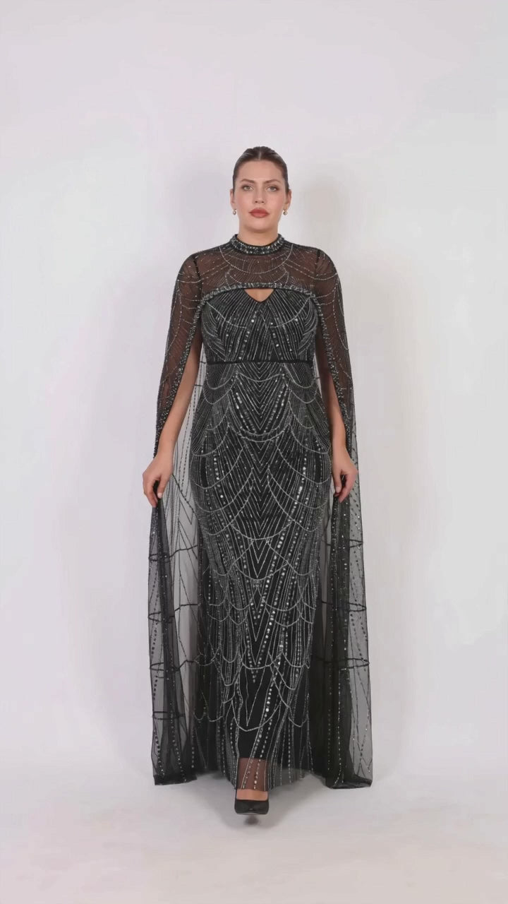 Plus - Size Tweedelige Galajurk Met Pailletten En Kralen — Zwart