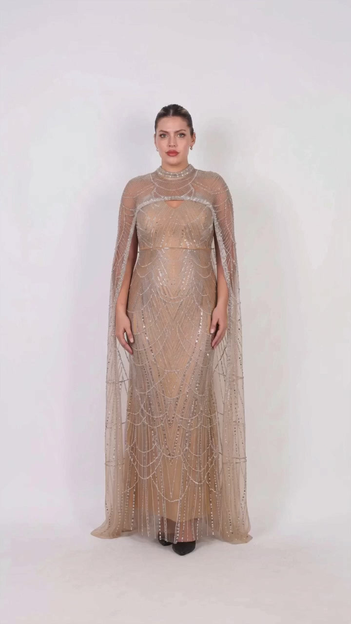 Plus - Size Tweedelige Lange Avondjurk Met Pailletten En Kraaltjes, Beige