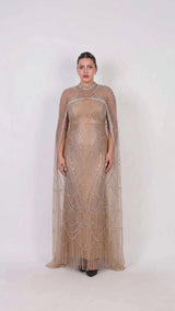 Plus - Size Tweedelige Lange Avondjurk Met Pailletten En Kraaltjes, Beige