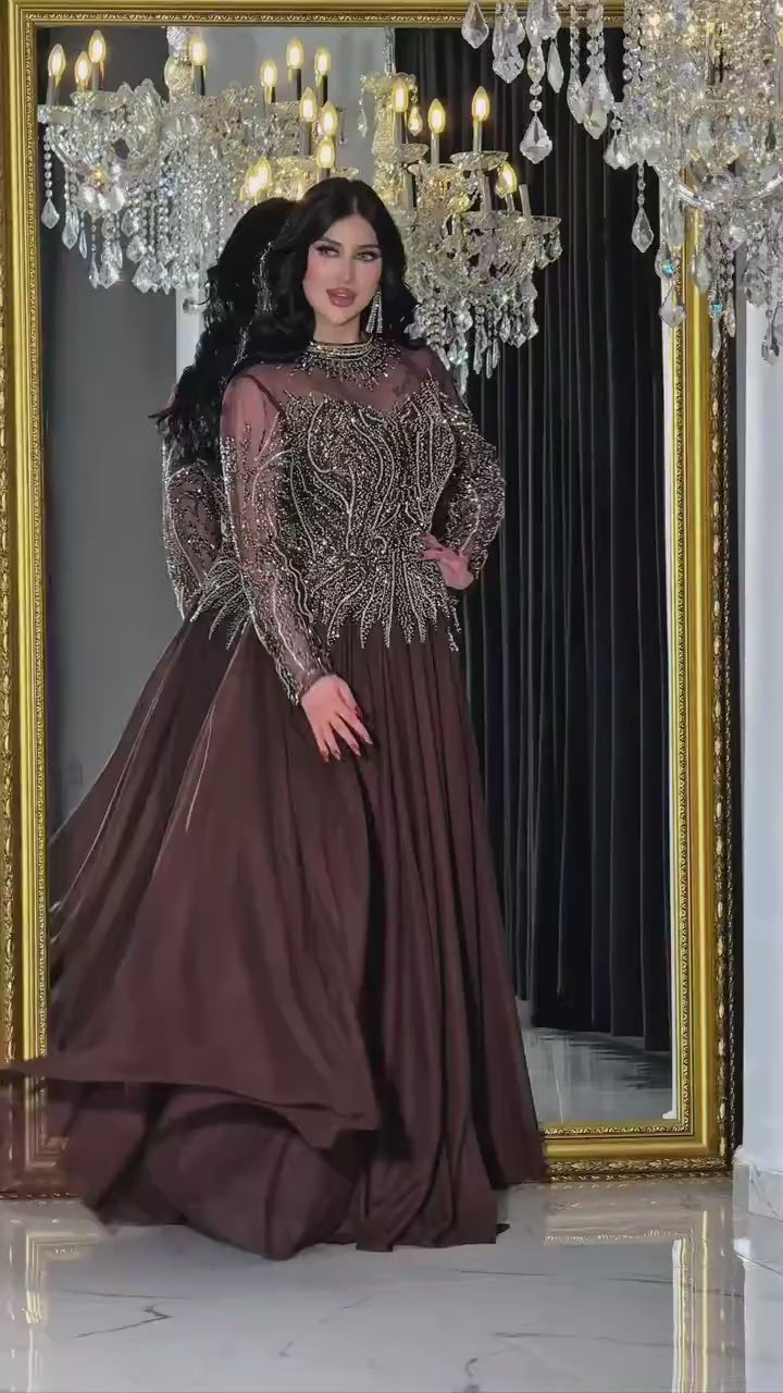 Plus - Size Stone - Embellished Tulle Evening Gown — Brown