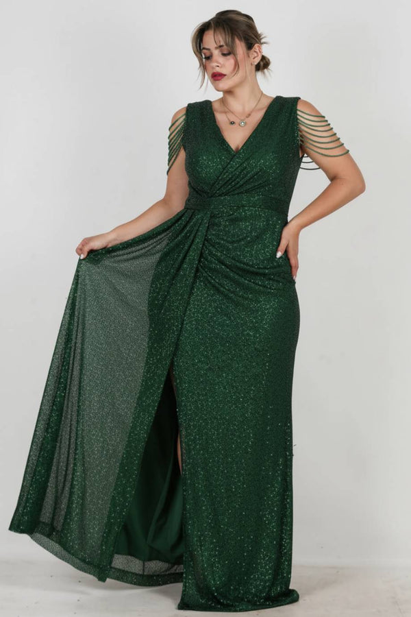 Plus - Size Lange Paillettenjurk Met Schouderketting — Groen