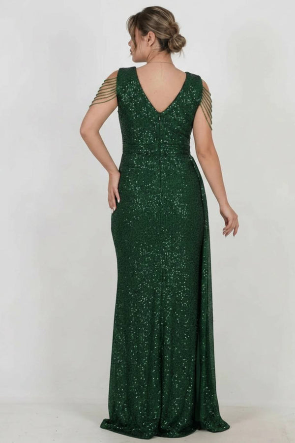Plus - Size Lange Paillettenjurk Met Schouderketting — Groen
